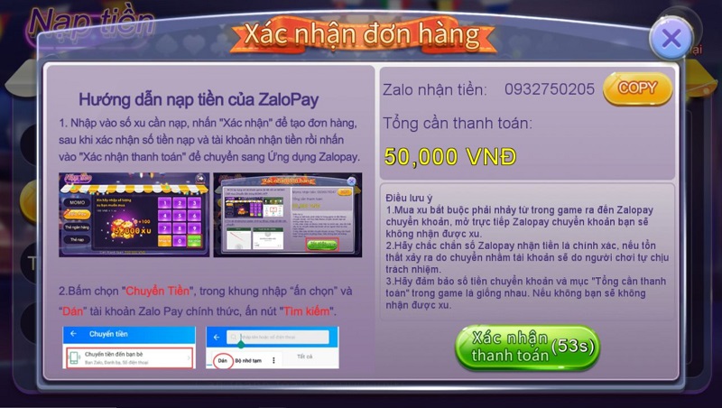 Nạp tiền ZaloPay với nhiều mệnh giá khác nhau cho người chơi lựa chọn